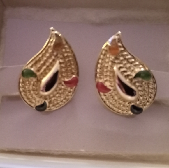 Vintage 1986 clip on earrings named paisley colors dated with sleeve and box - Picture 2 of 8